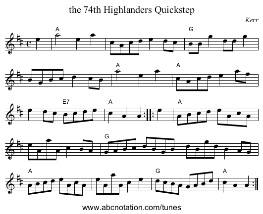 the 74th Highlanders Quickstep - staff notation