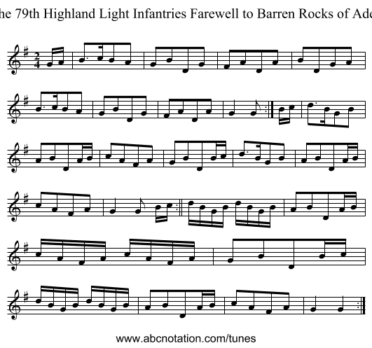 The 79th Highland Light Infantries Farewell to Barren Rocks of Aden - staff notation