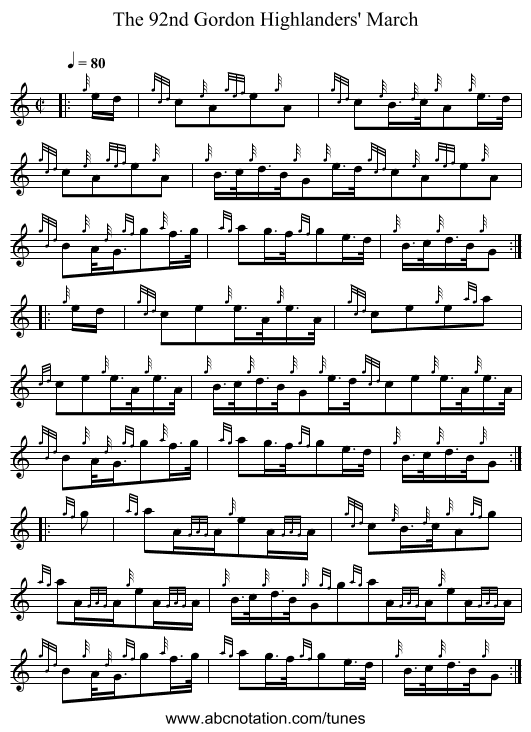 The 92nd Gordon Highlanders' March - staff notation