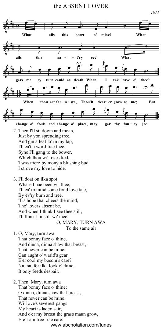 the ABSENT LOVER - staff notation