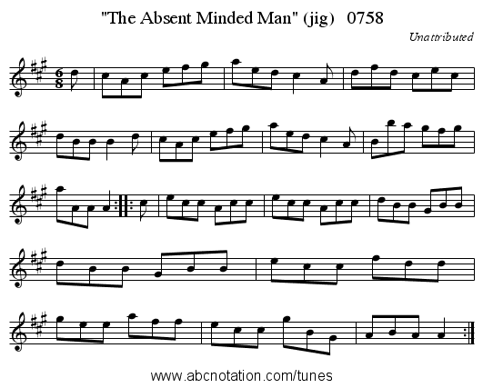 The Absent Minded Man (jig)   0758 - staff notation