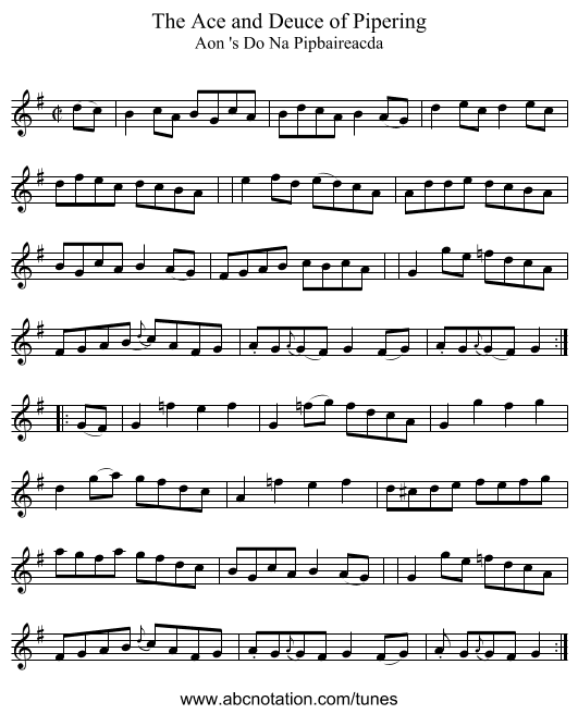 The Ace and Deuce of Pipering - staff notation