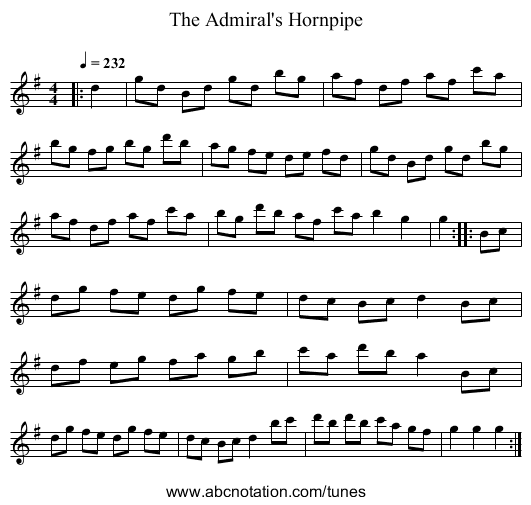 The Admiral's Hornpipe - staff notation