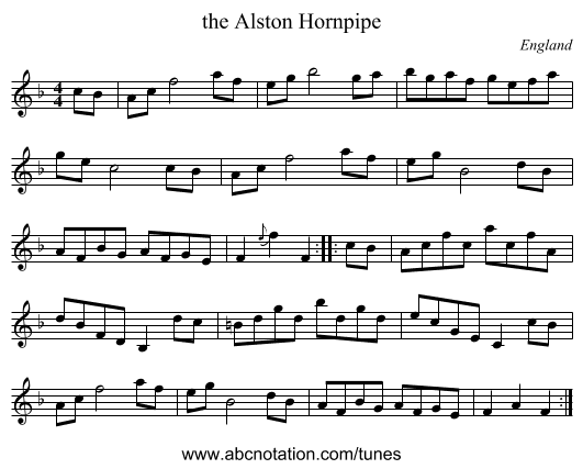the Alston Hornpipe - staff notation