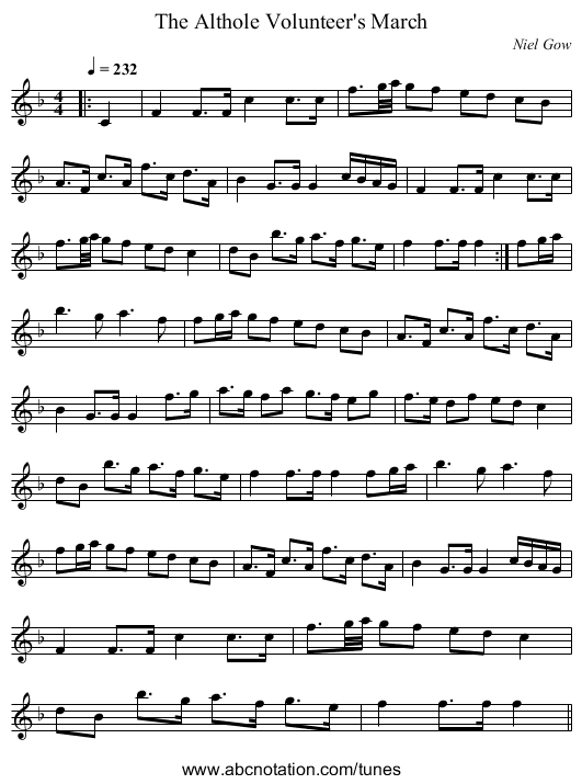 The Althole Volunteer's March - staff notation