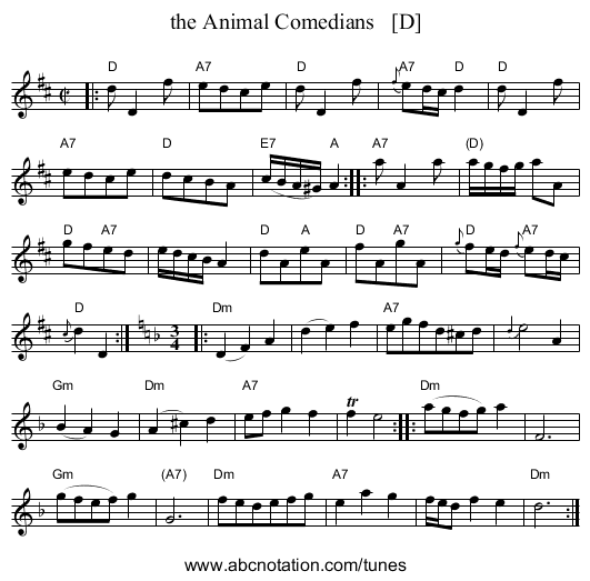 the Animal Comedians   [D] - staff notation