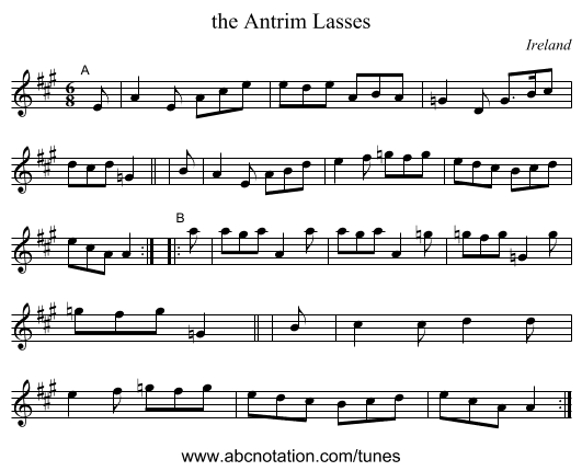 the Antrim Lasses - staff notation