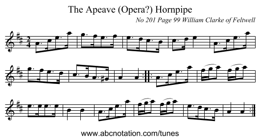 The Apeave (Opera?) Hornpipe - staff notation