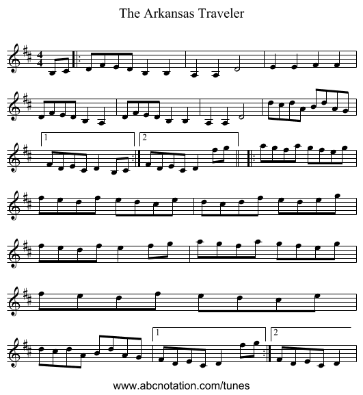 The Arkansas Traveler - staff notation
