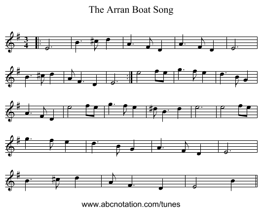 The Arran Boat Song - staff notation