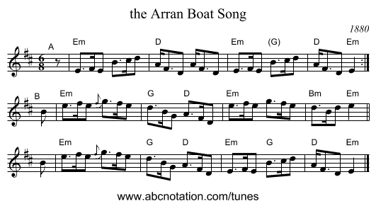 the Arran Boat Song - staff notation