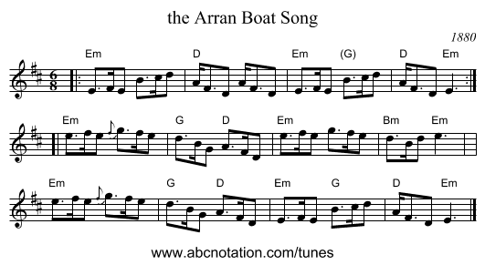 the Arran Boat Song - staff notation