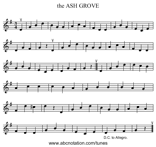 the ASH GROVE - staff notation