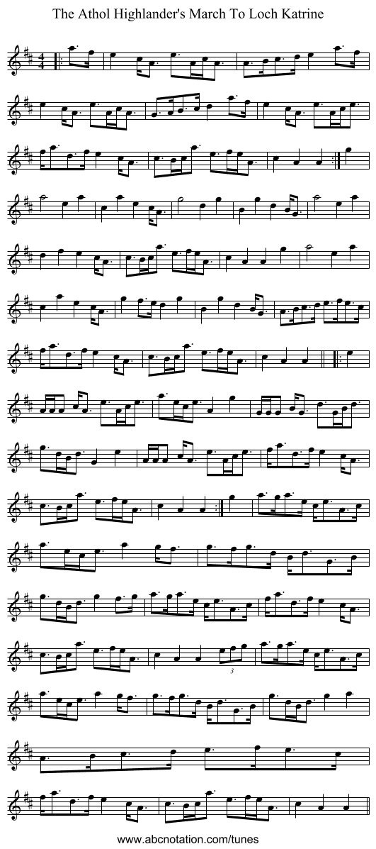 The Athol Highlander's March To Loch Katrine - staff notation