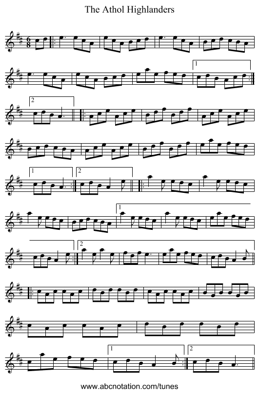 The Athol Highlanders - staff notation