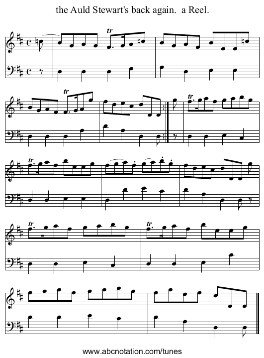 the Auld Stewart's back again.  a Reel. - staff notation