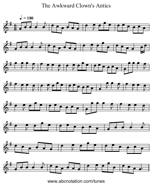 The Awkward Clown's Antics - staff notation