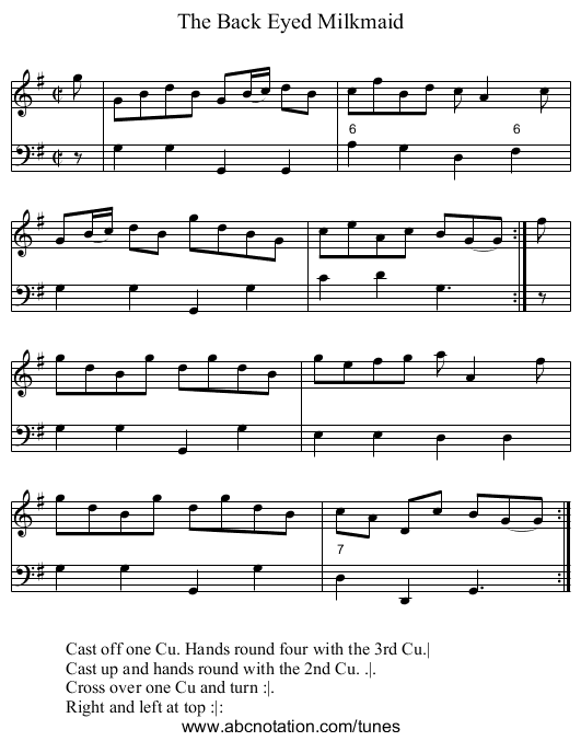 The Back Eyed Milkmaid - staff notation