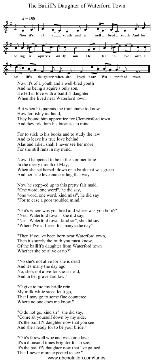 The Bailiff's Daughter of Waterford Town - staff notation