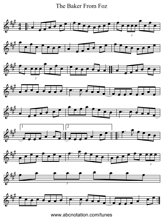 The Baker From Foz - staff notation