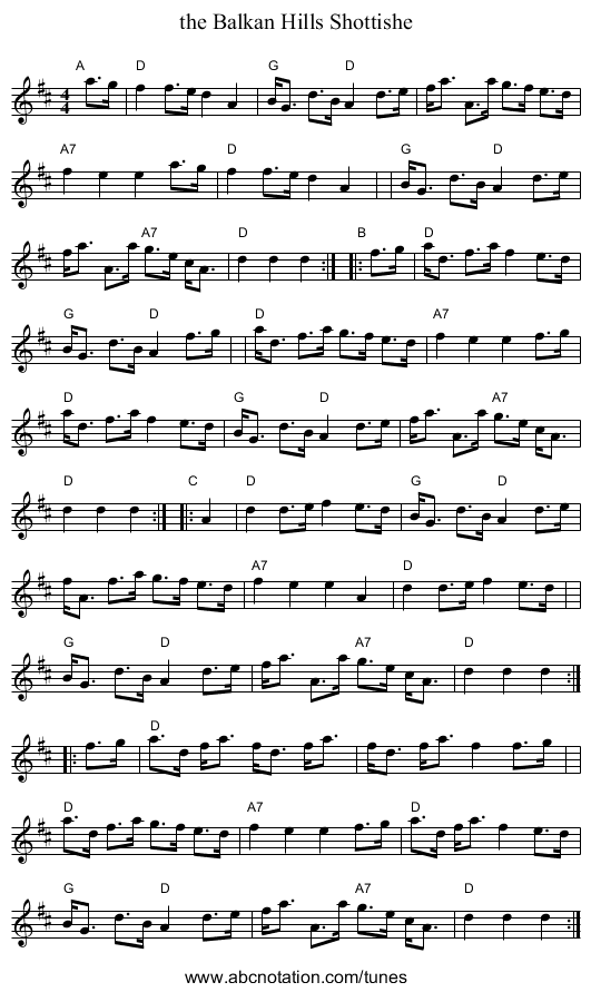 the Balkan Hills Shottishe - staff notation