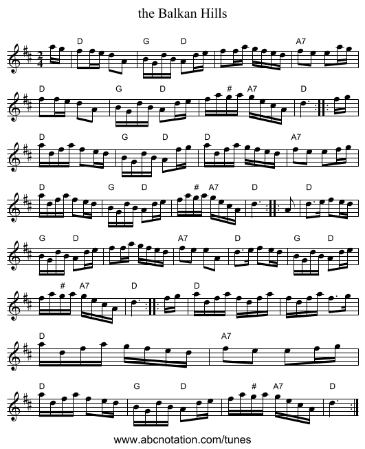 the Balkan Hills - staff notation