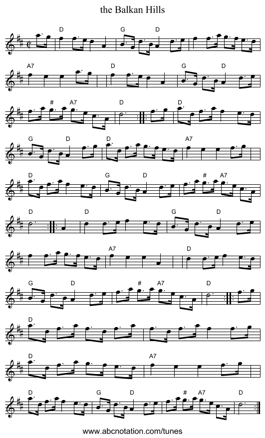 the Balkan Hills - staff notation