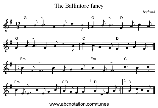 The Ballintore fancy - staff notation