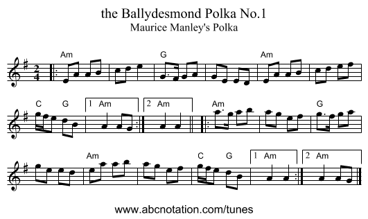 the Ballydesmond Polka No.1 - staff notation