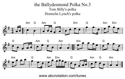 the Ballydesmond Polka No.3 - staff notation