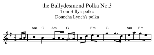 the Ballydesmond Polka No.3 - staff notation