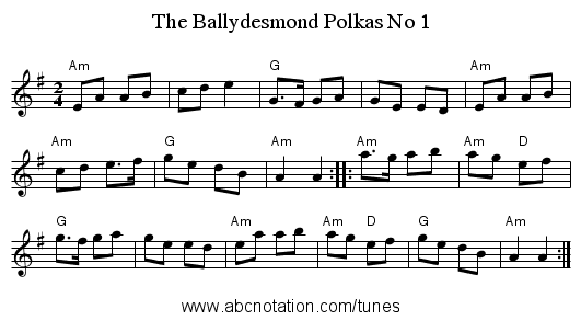 The Ballydesmond Polkas No 1 - staff notation