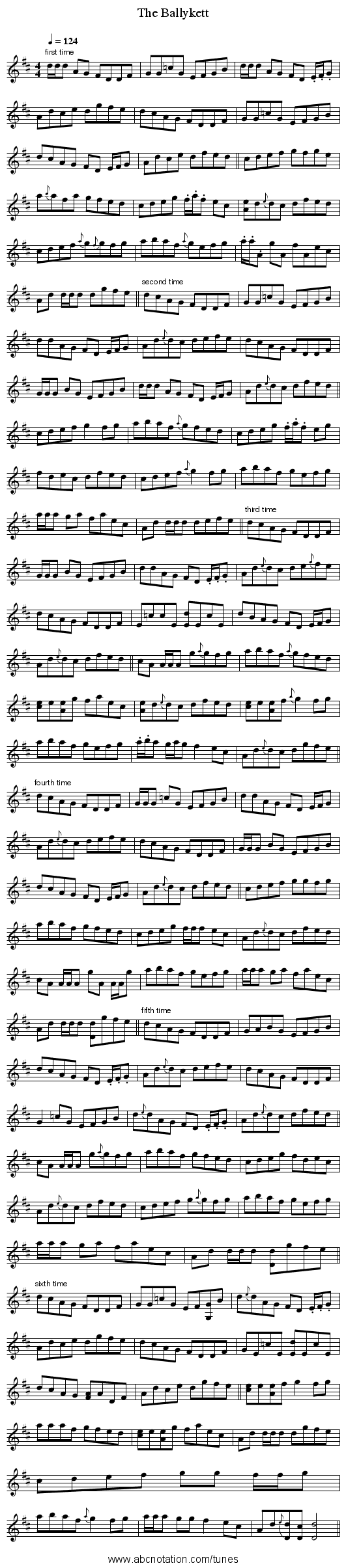 The Ballykett - staff notation