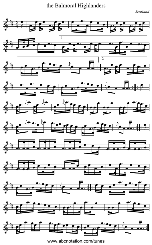 the Balmoral Highlanders - staff notation