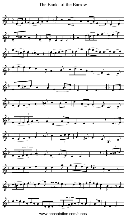 The Banks of the Barrow - staff notation
