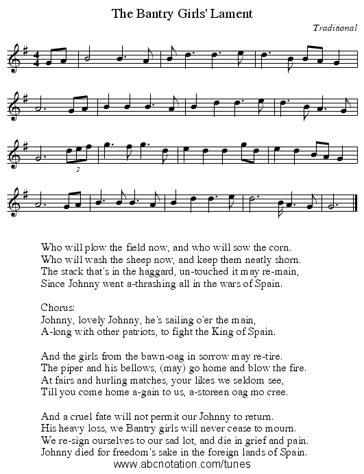 The Bantry Girls' Lament - staff notation