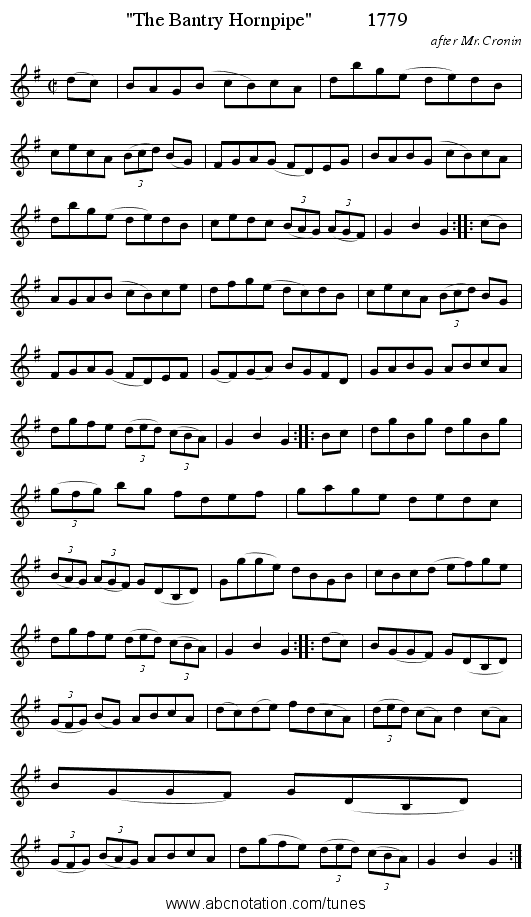 The Bantry Hornpipe 1779 - staff notation