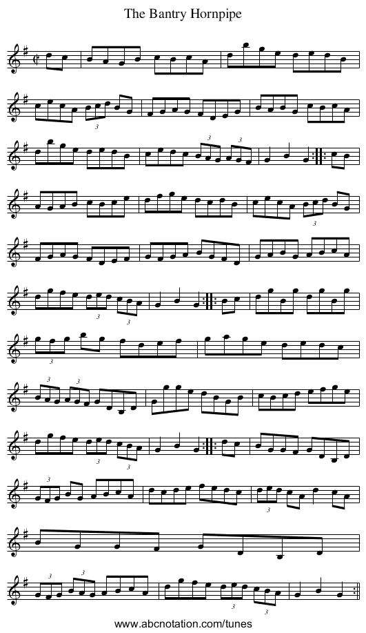 The Bantry Hornpipe - staff notation
