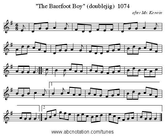 The Barefoot Boy (doublejig)  1074 - staff notation