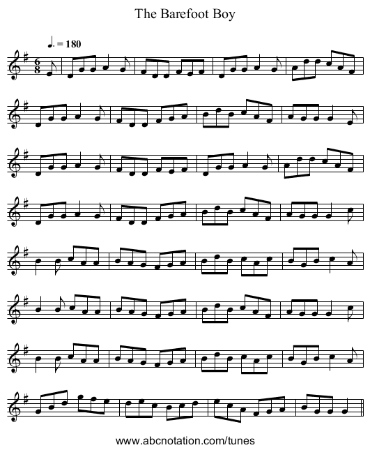 The Barefoot Boy - staff notation