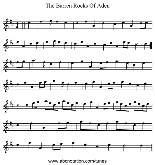 The Barren Rocks Of Aden - staff notation