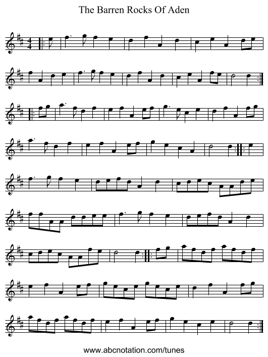 The Barren Rocks Of Aden - staff notation