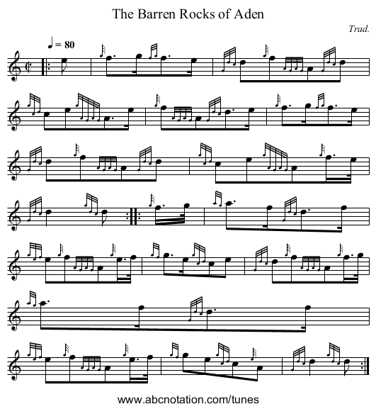 The Barren Rocks of Aden - staff notation