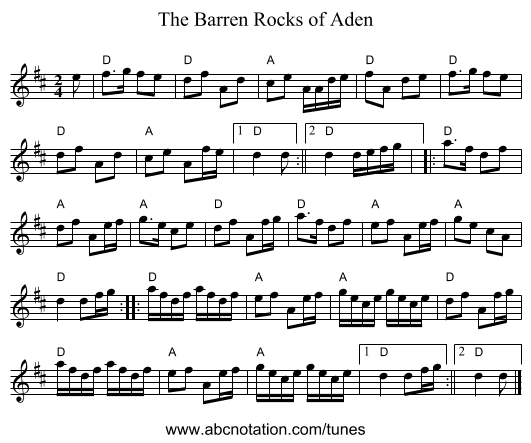 The Barren Rocks of Aden - staff notation