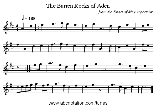 The Barren Rocks of Aden - staff notation