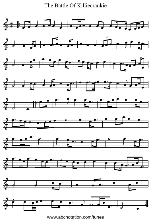 The Battle Of Killiecrankie - staff notation