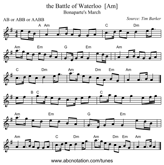 the Battle of Waterloo  [Am] - staff notation