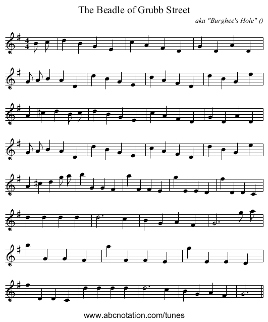 The Beadle of Grubb Street - staff notation
