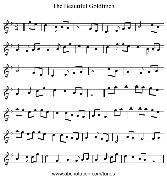 The Beautiful Goldfinch - staff notation
