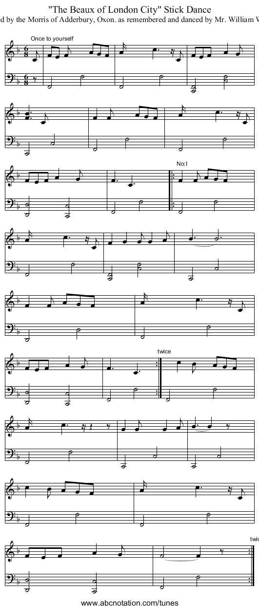 The Beaux of London City Stick Dance - staff notation